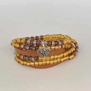 Multi-Strand Leather Wrap Bracelet with Silver Beads | Boho Style Heart Charm