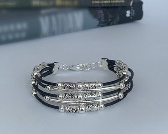 Black Leather Boho Bracelet, Silver Plated Beads, Multi Strand Bracelet, Gift For Her, Boho Jewelry