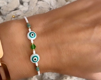 Evil eye beaded bracelet, Minimalist seed bead bracelets, Thin beaded evil eye bracelet, Adjustable bracelet, Tiny beaded bracelet