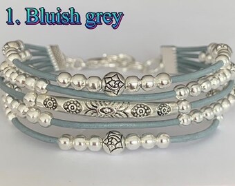 Silver bracelet for women/Boho bracelet/Women's leather bracelet/Beaded leather bracelet/Bohemian jewelry/Fashion jewelry