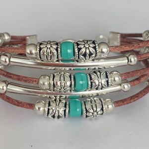 Boho bracelet, Bohemian jewelry, Beaded leather bracelet, Silver bracelet for women, Women's leather bracelet