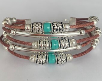 Boho bracelet, Bohemian jewelry, Beaded leather bracelet, Silver bracelet for women, Women's leather bracelet, Gift for her