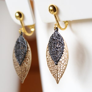 Gold and black clip earrings, golden filigree leaf, handmade, gift, birthday, Christmas image 2