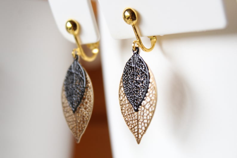 Gold and black clip earrings, golden filigree leaf, handmade, gift, birthday, Christmas image 2