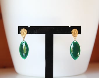 Fir green earrings, golden chip drop, dangling, gift, birthday, handmade jewelry