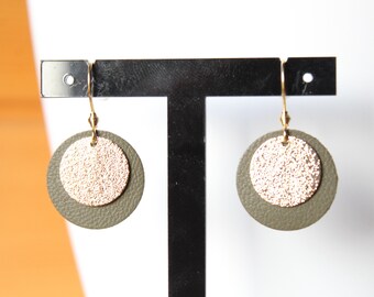 khaki green leather and golden sequin earrings, lambskin, minimalist jewelry, gift idea, birthday, Christmas