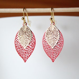 gold and red earrings, filigree leaf, minimalist jewelry, gift idea, birthday, Christmas, wedding