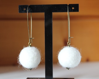 felted wool earrings, white, trendy jewelry, handmade, gift idea, birthday