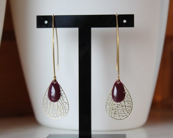 Plum purple and gold earrings, lasercut drop, dangling, gift idea, birthday, Christmas