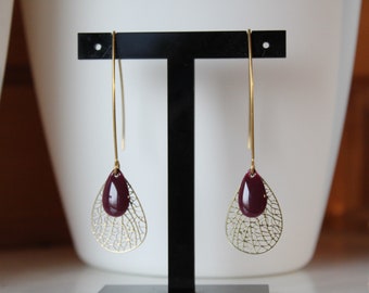 Boucles d'oreilles violet prune et doré, goutte lasercut, pendante, idée cadeau, anniversaire, noël