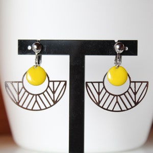 yellow and silver clip-on earrings, enameled sequin, golden half-circle charm, minimalist jewelry, gift, birthday, Christmas