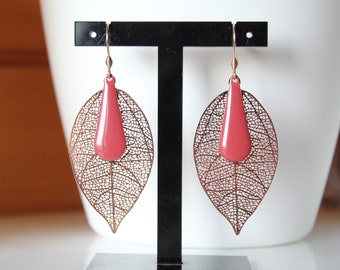 Rose gold leaf and raspberry pink enamelled sequin earrings, gift idea, birthday, Christmas, wedding