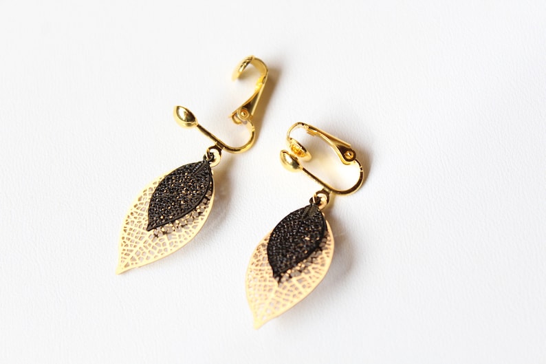 Gold and black clip earrings, golden filigree leaf, handmade, gift, birthday, Christmas image 3