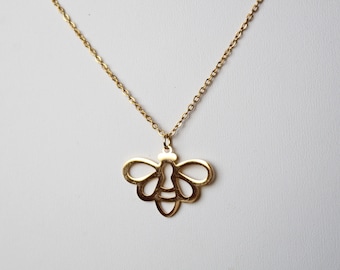 Fine golden necklace, bee pendant, stainless steel chain, handmade, minimalist jewelry, gift idea