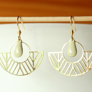 cream and gold earrings, enameled sequin drop, golden half circle charm, minimalist jewelry, gift, birthday, Christmas