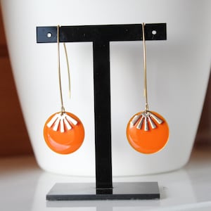 orange and gold earrings, enameled sequin, gold fan, minimalist jewelry, gift idea, birthday, Christmas