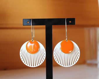 boucles d'oreille orange et blanc, estampe filigrane rond donut, bijou minimaliste, fait main, idée cadeau, mariage, anniversaire