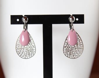 Lilac pink clip earrings, silver lasercut drop, pendant, gift idea, birthday, Christmas