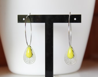 Yellow and silver creole earrings, enamelled sequin, minimalist, trend, gift, birthday, Christmas