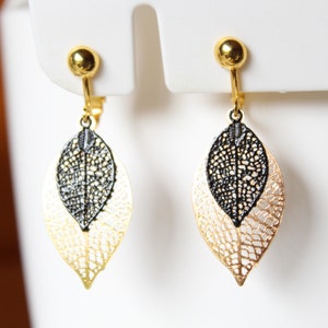 Gold and black clip earrings, golden filigree leaf, handmade, gift, birthday, Christmas image 1