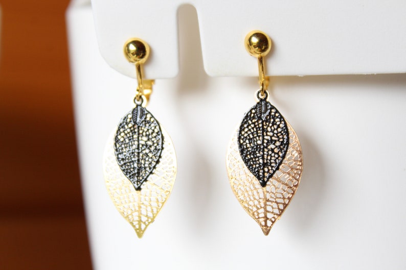 Gold and black clip earrings, golden filigree leaf, handmade, gift, birthday, Christmas image 1