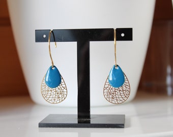 Boucles d'oreilles bleu, doré, goutte lasercut, pendante, idée cadeau, anniversaire, noël