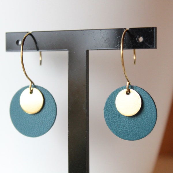 boucles d'oreille cuir bleu canard et doré, cuir d'agneau, bijou minimaliste, idée cadeau, anniversaire, noël