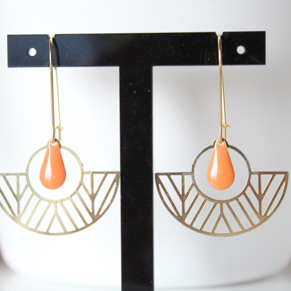 mandarin orange and gold earrings, drop-enamelled sequin, golden semi-circle charm, minimalist jewel, gift, birthday, Christmas