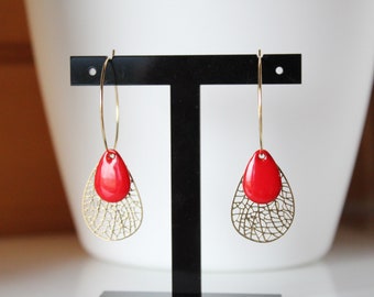 Gold and red creole earrings, enamelled sequin, minimalist, trend, gift, birthday, Christmas