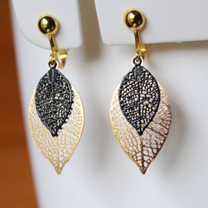 Gold and black clip earrings, golden filigree leaf, handmade, gift, birthday, Christmas image 4