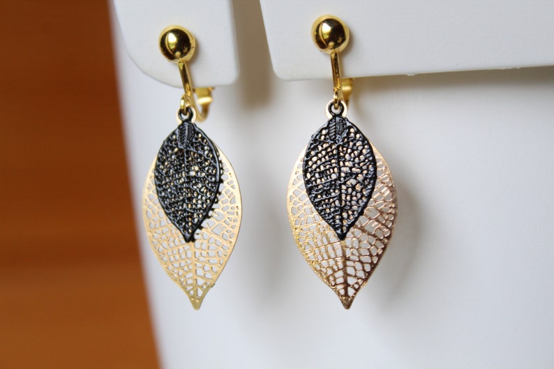 Gold and black clip earrings, golden filigree leaf, handmade, gift, birthday, Christmas image 4