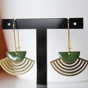 Olive green earrings, fan, gold enamel sequin, minimalist jewelry, designer jewelry, gift idea, Christmas, birthday