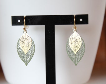 golden and khaki earrings, filigree leaf, minimalist jewelry, gift idea, birthday, Christmas