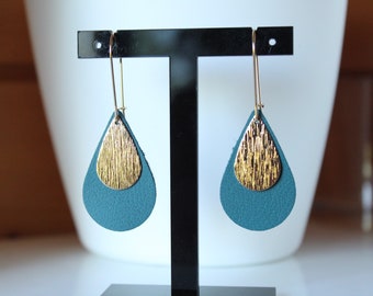 boucles d'oreille cuir bleu canard et doré, cuir d'agneau, bijou minimaliste, original, idée cadeau, anniversaire, noël