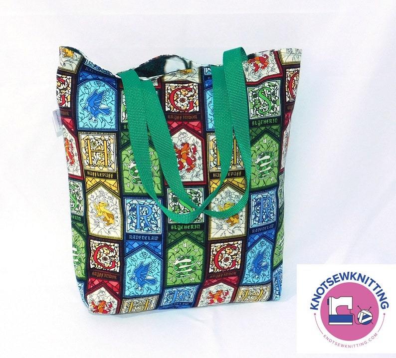 Harry Potter Hogwarts Hufflepuff Slytheran Tote Project Grocery Craft Reusable Reversible Bag