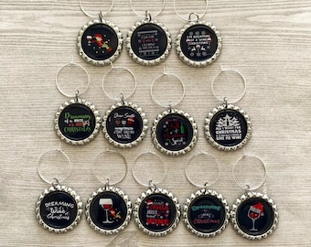 Christmas Wine Charms,Christmas,Wine Charms,Drink Markers,Glass Markers,Wine Glass Charms,Bottle Cap Wine Charm,Gift,Silver,Set of 12