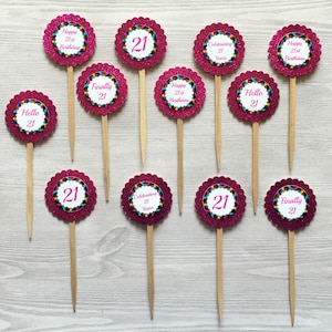 21st Birthday Cupcake Toppers,21st Birthday,Cupcake Toppers,Happy 21st Decorations,Set of 12,Birthday,Birthday Party Picks,Double Sided