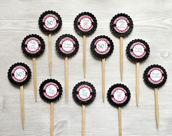 50th Birthday Cupcake Toppers,50th Birthday,Cupcake Toppers,50th Birthday Party,Set of 12,50th,Party Favor,Handmade,Double Sided,Gift