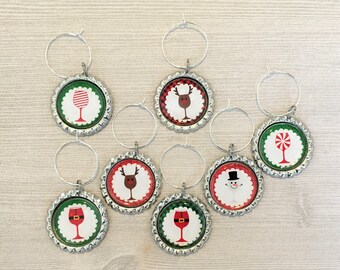 Christmas Wine Charms,Christmas,Drink Markers,Glass Markers,Wine Glass Charms,Bottle Cap Wine Charms,Gift,Silver,Handmade,Set of 7