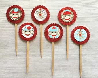 Sock Monkey Cupcake Toppers,Sock Monkey,Cupcake Toppers,Set of 6,Sock Monkey Party,Birthday Party,Party Favor,Handmade,Gift,Double Sided