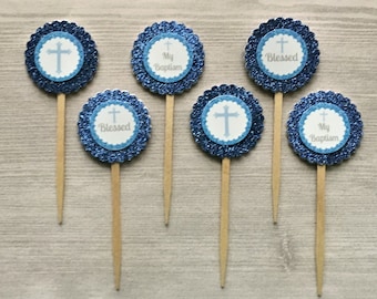 Baptism Cupcake Toppers,Baptism,Cupcake Toppers,Boys Baptism,Baby Boy,Baptism Party,Handmade,Double Sided,Gift,Newborn,Set of 6