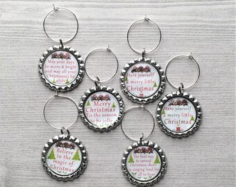 Christmas Wine Charms,Christmas,Drink Markers,Glass Markers,Wine Glass Charms,Bottle Cap Wine Charms,Gift,Silver,Handmade,Set of 6