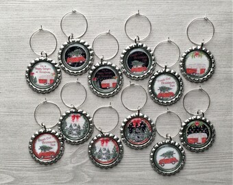 Christmas Wine Charms,Christmas,Drink Markers,Glass Markers,Wine Glass Charms,Bottle Cap Wine Charms,Gift,Silver,Handmade,Set of 12