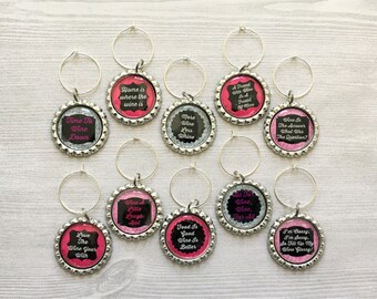 Wine Charms,Humorous,Quotes,Drink Markers,Glass Markers,Wine Glass Charms,Bottle Cap Wine Charm,Gift,Silver,Birthday,Handmade,Set of 10