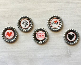 Magnets,Bottle Cap Magnets,Love,Romantic,Valentines Day,Refrigerator Magnets,Fridge Magnet,Office Magnets,Gift,Party Favor,Handmade,Set of 5