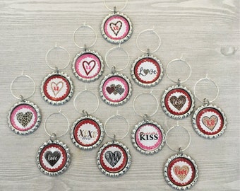 Heart Wine Charms,Valentines,Heart,Drink Markers,Glass Markers,Wine Glass Charms,Bottle Cap Wine Charms,Gift,Silver,Handmade,Set of 13