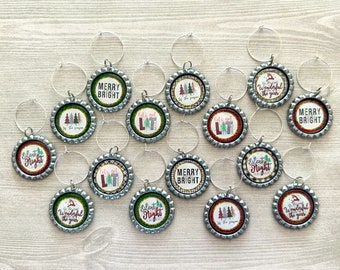 Christmas Wine Charms,Christmas,Wine Charms,Drink Markers,Glass Markers,Wine Glass Charms,Bottle Cap Wine Charm,Gift,Silver,Set of 15
