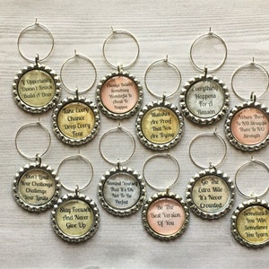 Wine Charms,Inspirational Quotes,Drink Markers,Glass Markers,Wine Glass Charms,Bottle Cap Wine Charm,Gift,Silver,Handmade,Set of 12