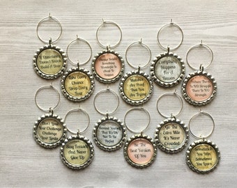 Wine Charms,Inspirational Quotes,Drink Markers,Glass Markers,Wine Glass Charms,Bottle Cap Wine Charm,Gift,Silver,Handmade,Set of 12