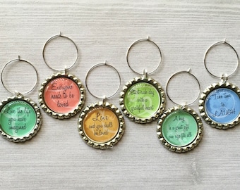 Wine Charms,Inspirational Quotes,Inspirational,Drink Markers,Glass Markers,Wine Glass Charms,Bottle Cap Wine Charm,Gift,Silver,Set of 6